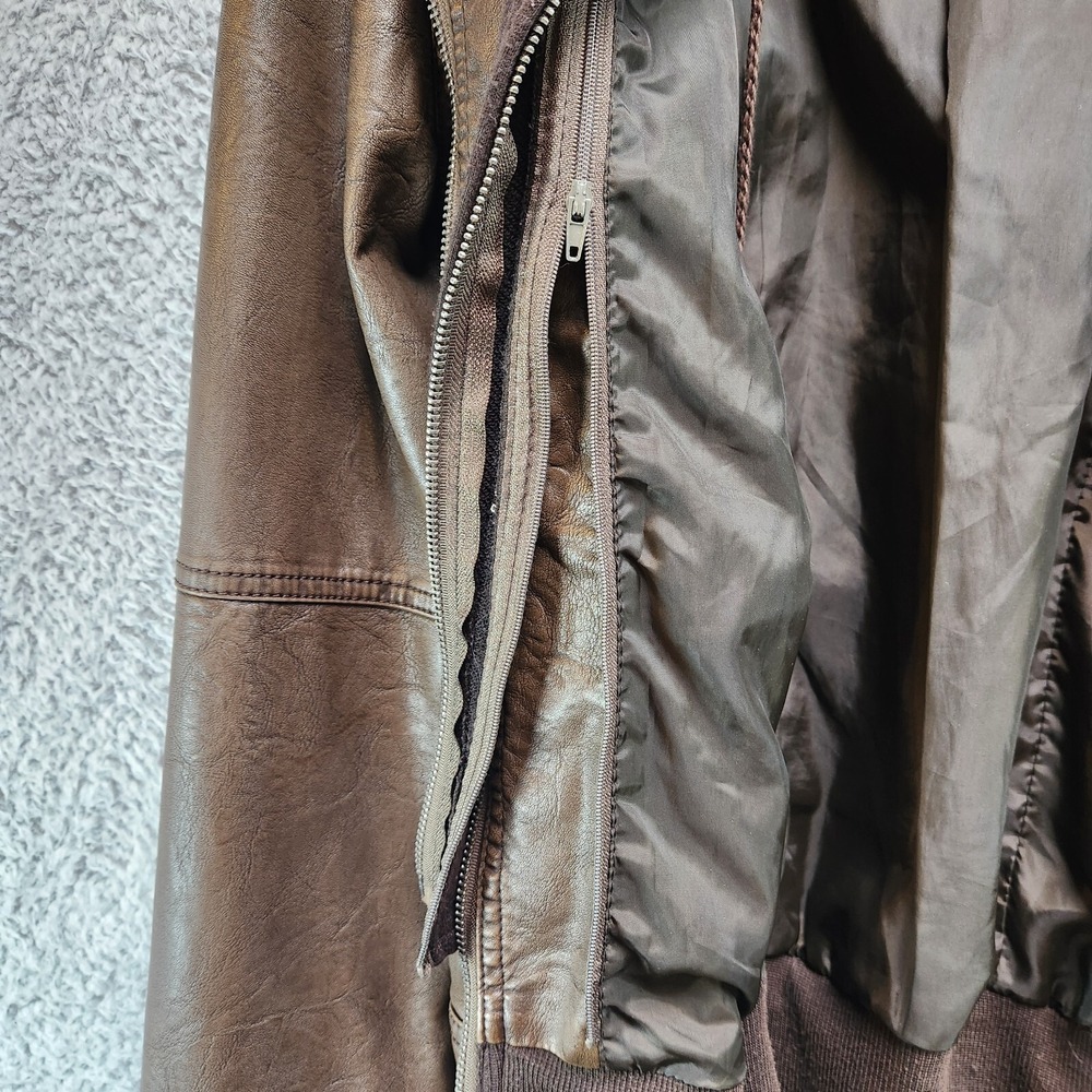 LA Coalition Faux Leather Jacket Women's M Brown Lined Long Sleeve Hood Full Zip - Picture 12 of 14